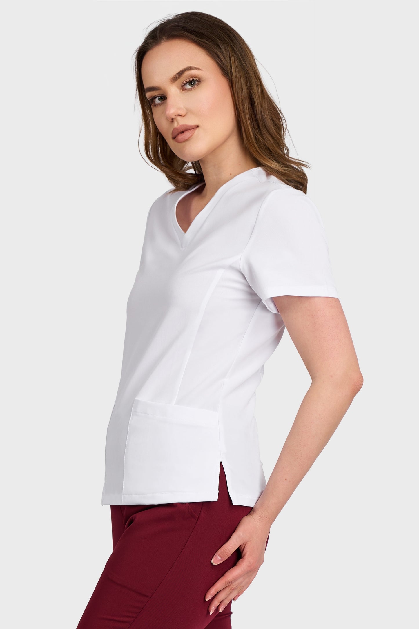 Bluza Medicala Rafaela Stretch - Alb - vedere laterala - material elastic - Akitex