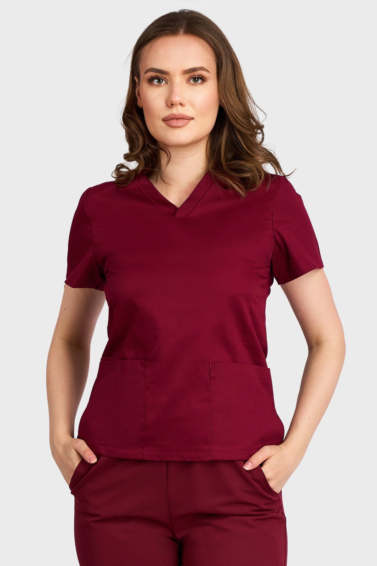 Bluza Medicala Rafaela Stretch - Bordo - vedere frontala - material elastic - Akitex