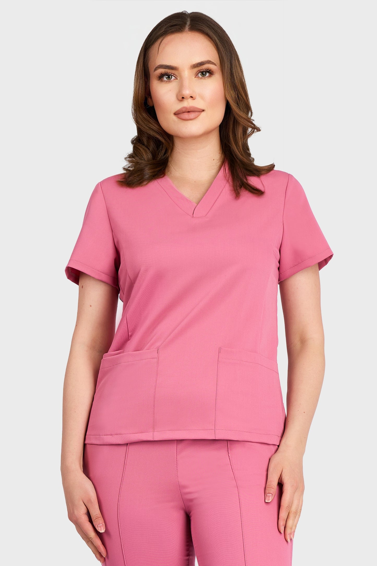 Bluza Medicala Rafaela Stretch - Roz - vedere frontala - material elastic - Akitex