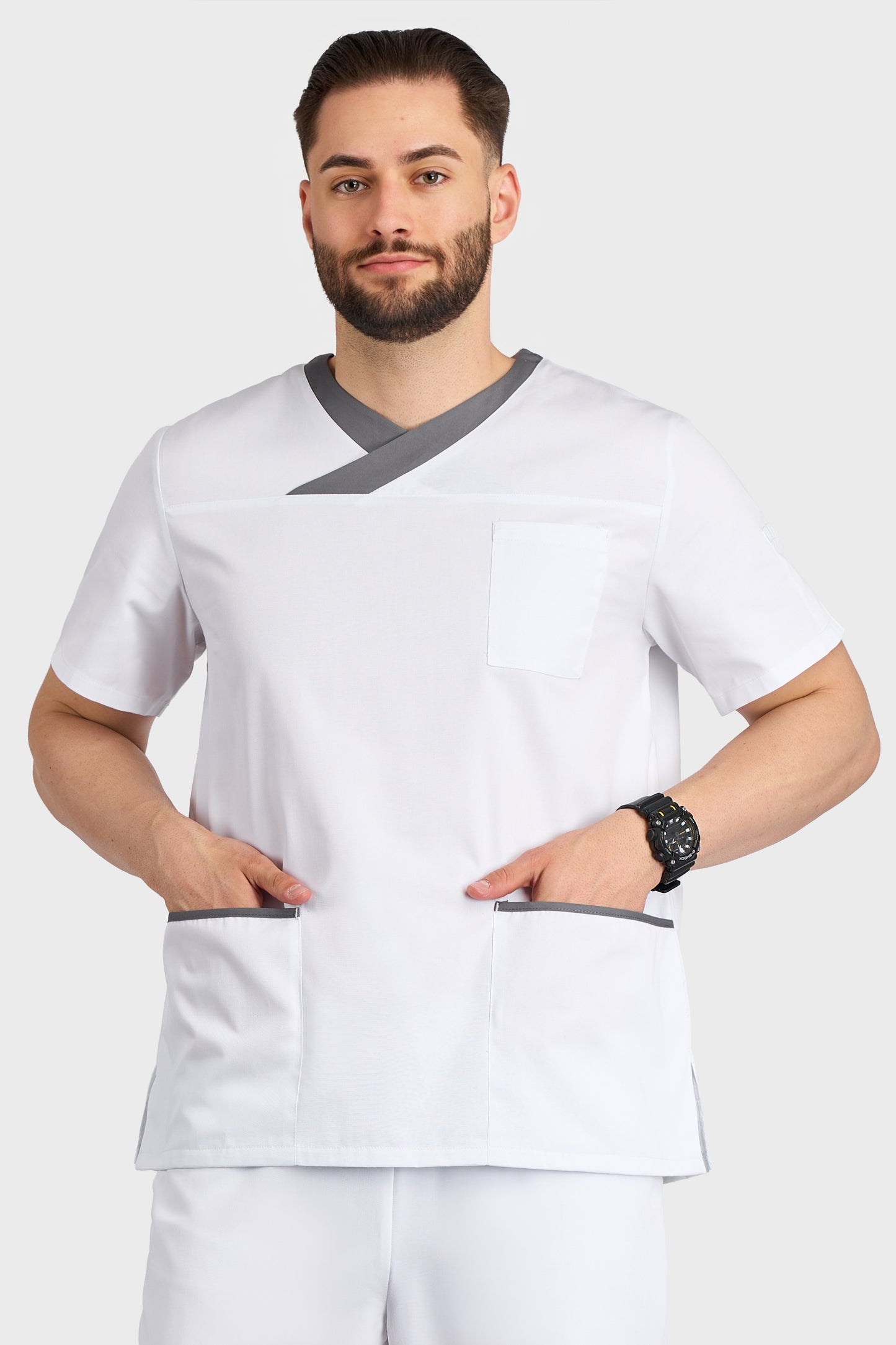 Bluza Medicala Toledo Barbati - Alb - vedere frontala - Akitex