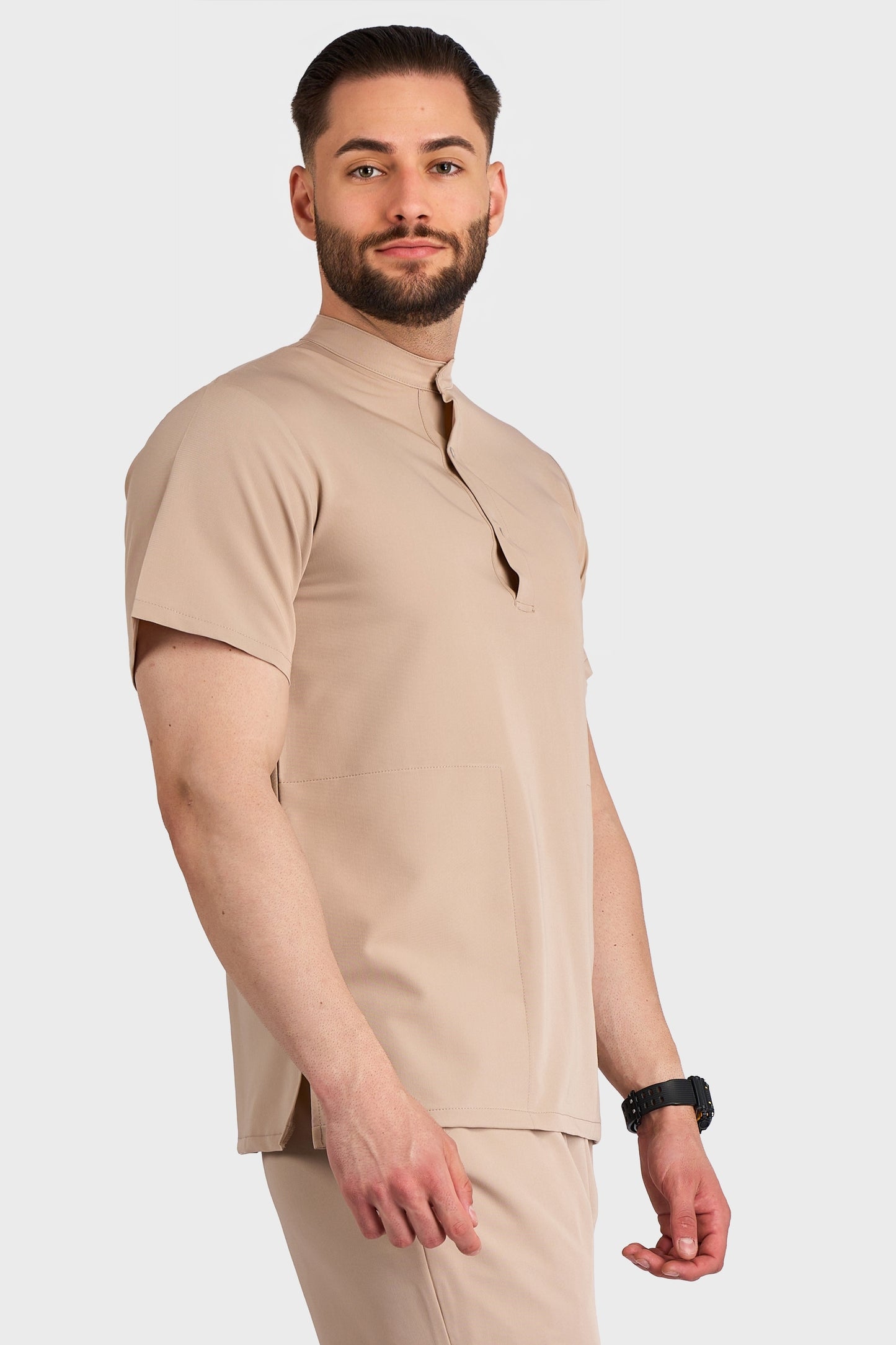 Bluza Medicala Valuca STRETCH Barbati - Safari - vedere laterala - material elastic - Akitex