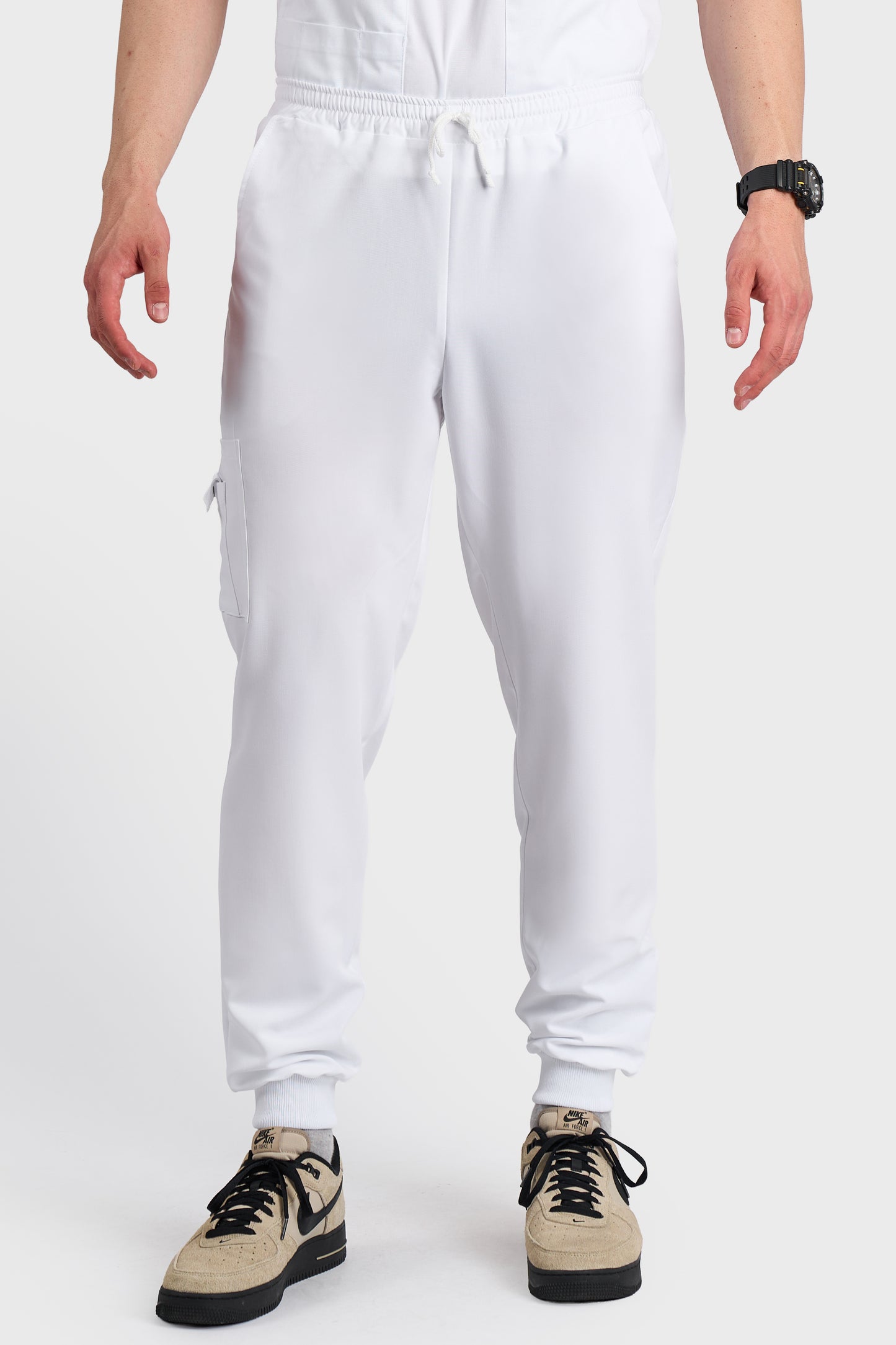 Pantaloni Medicali Joger Barbati Stretch - Alb - vedere frontala - material elastic - Akitex