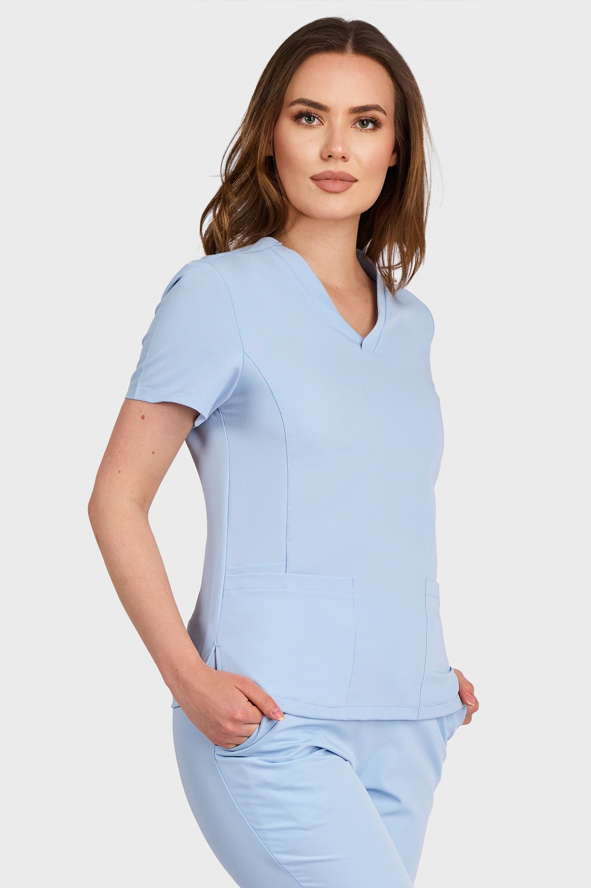 Bluza Medicala Rafaela Stretch  - LightBlue - vedere laterala - material elastic- Akitex