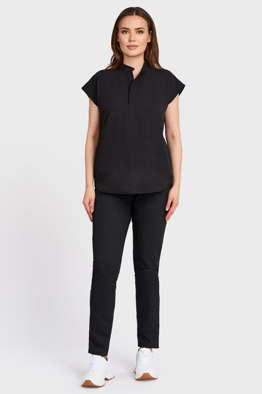 Costum medical din Bluza Medicala Maria si Pantaloni Medicali cu elastic si snur STRETCH - Negru - vedere totala - material elastic - Akitex 