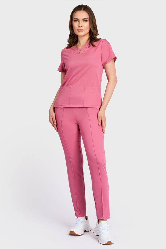 Costum medical din Bluza Medicala Rafaelas si Pantaloni Medicali Alisa STRETCH - Roz -vedere totala - material elastic - Akitex 