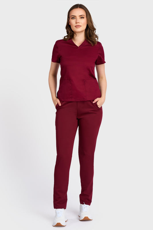 Costum medical din Bluza Medicala Rafaelas si Pantaloni Medicali cu elastic si snur STRETCH - Bordo - vedere totala - material elastic -Akitex 