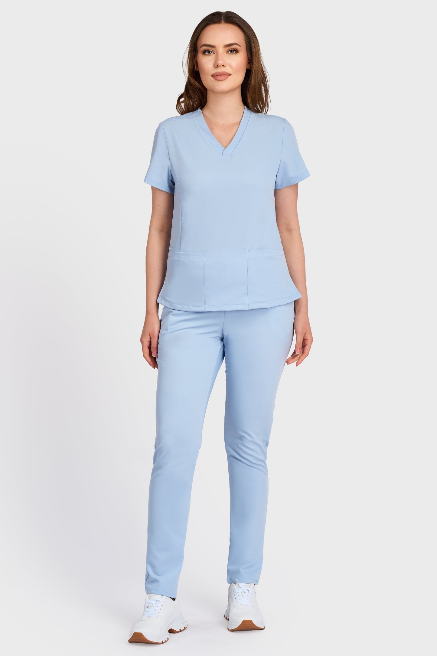 Costum medical din Bluza Medicala Rafaelas si Pantaloni Medicali cu elastic si snur STRETCH - LightBlue - vedere totala - material elastic - Akitex 