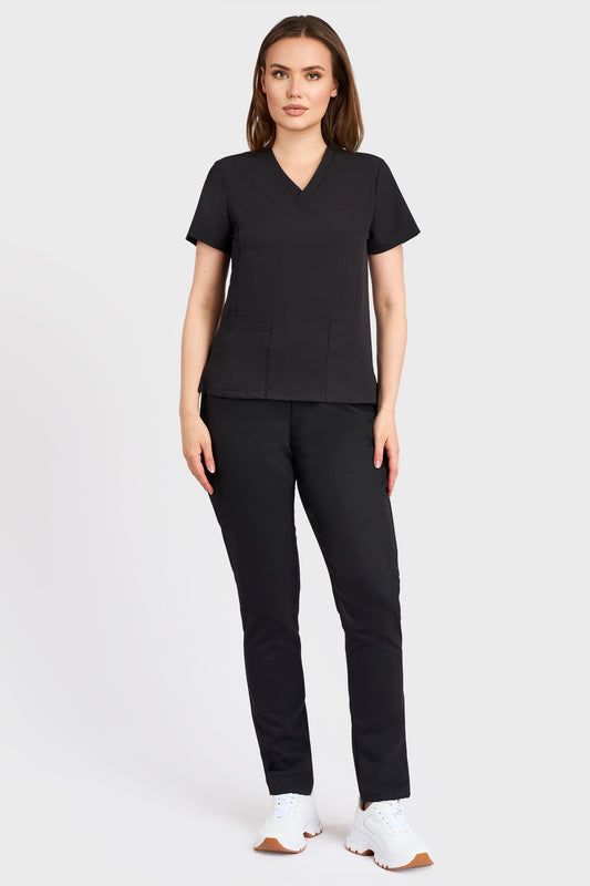 Costum medical din Bluza Medicala Rafaelas si Pantaloni Medicali cu elastic si snur STRETCH - Negru - vedere totala - material elastic - Akitex 